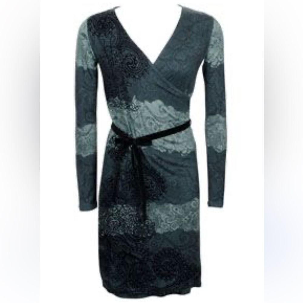 Desigual green jersey knit lace look long sleeved faux wrap dress EUC‎ small